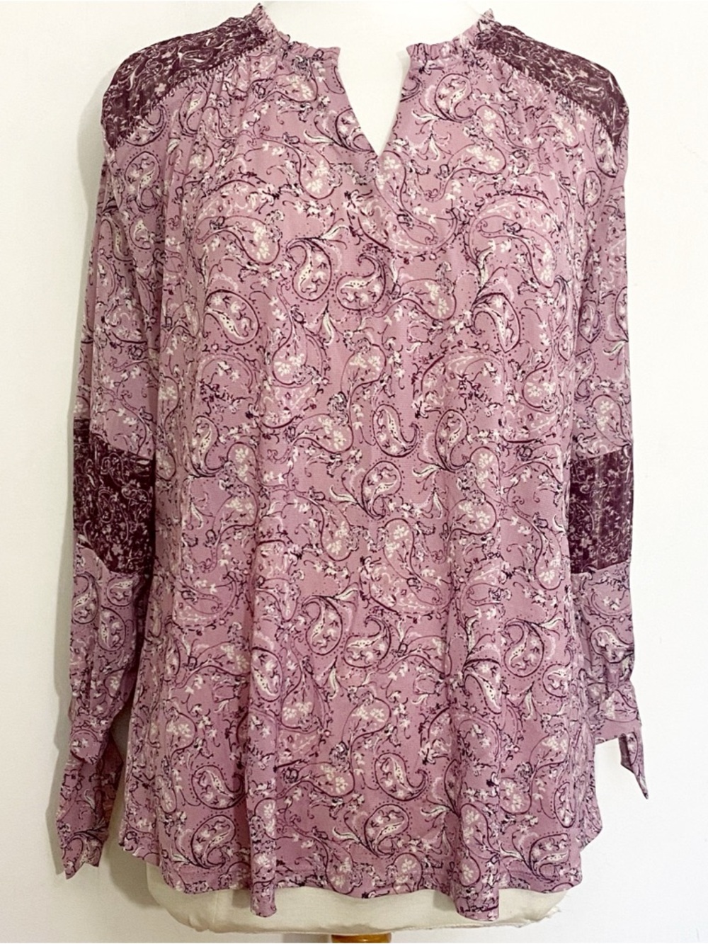Style & Co Women’s Mauve Mixed Media Paisley Tie Wrist Long-Sleeve Blouse XL